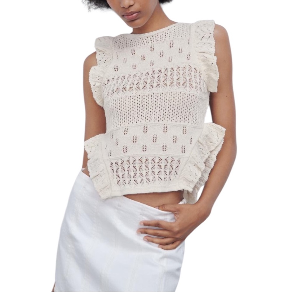 Zara Cream Cropped Pointelle Knit Ruffled Tank Top